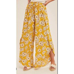 Hem & Thread Wide Leg Harem Pants Women's Medium Yellow Floral Slit Wrap Leg...